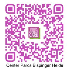 Lila QR-Code mit mittig platziertem Logo der Erlebnis Card, darunter der Text 'Center Parcs Bispinger Heide'